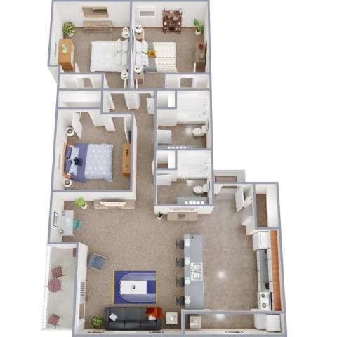 Floor plan for 3 beds, 2 baths, 1000 sqft